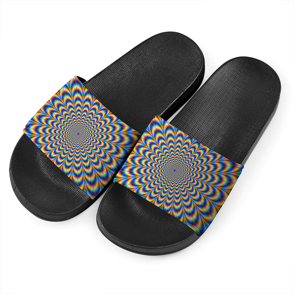 Psychedelic Wave Optical Illusion Black Slide Sandals
