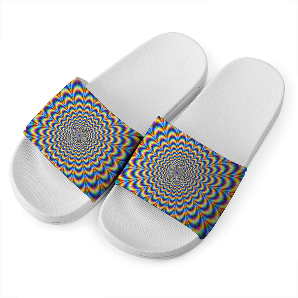 Psychedelic Wave Optical Illusion White Slide Sandals