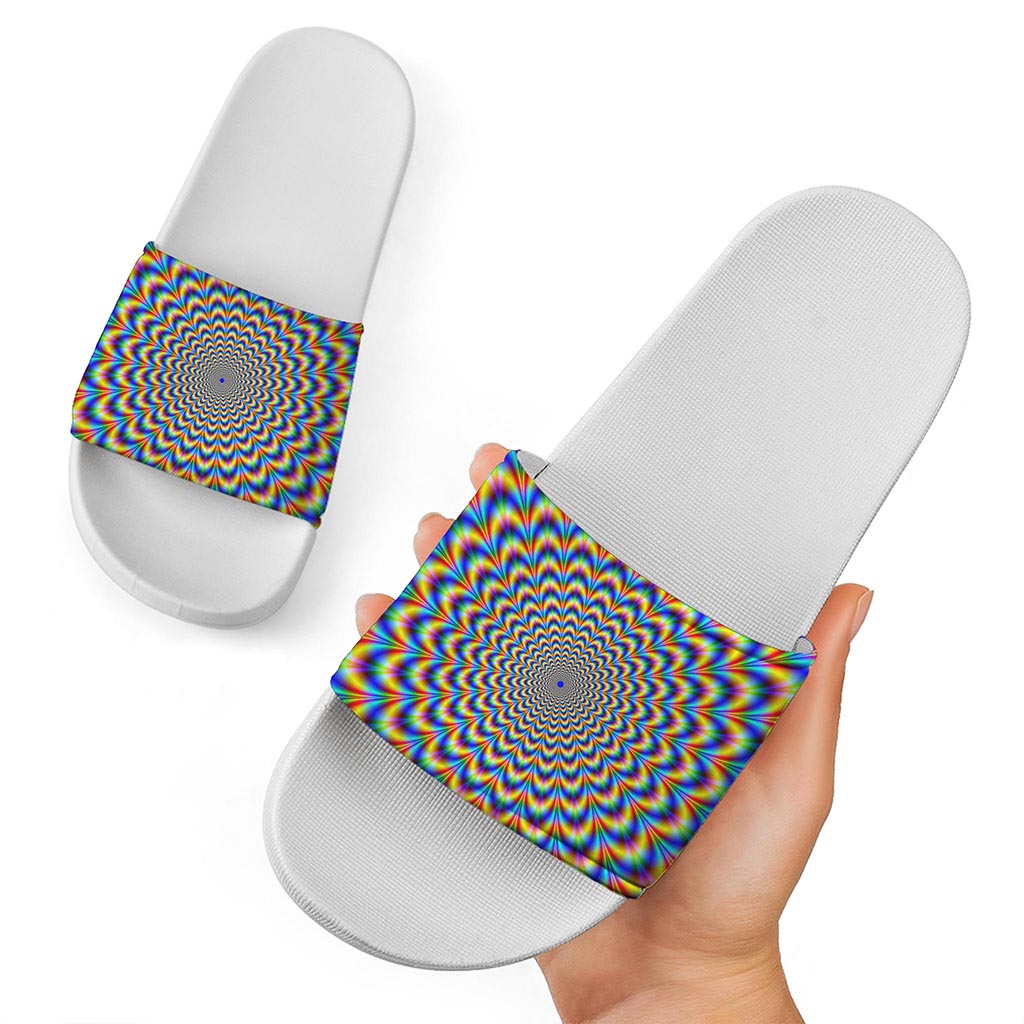 Psychedelic Wave Optical Illusion White Slide Sandals