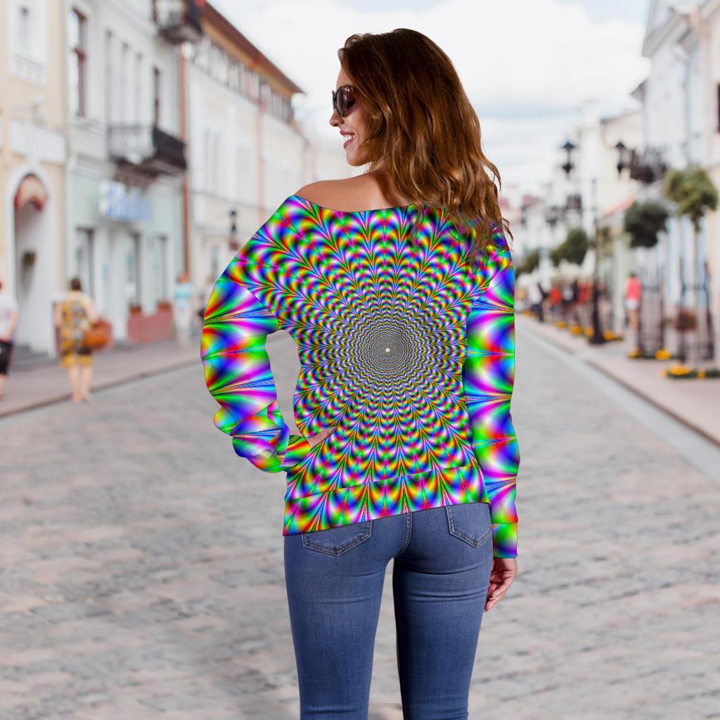 Psychedelic Web Optical Illusion Off Shoulder Sweatshirt GearFrost