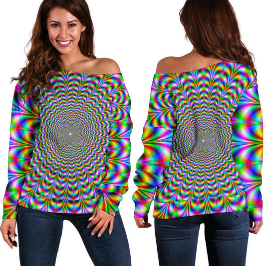 Psychedelic Web Optical Illusion Off Shoulder Sweatshirt GearFrost