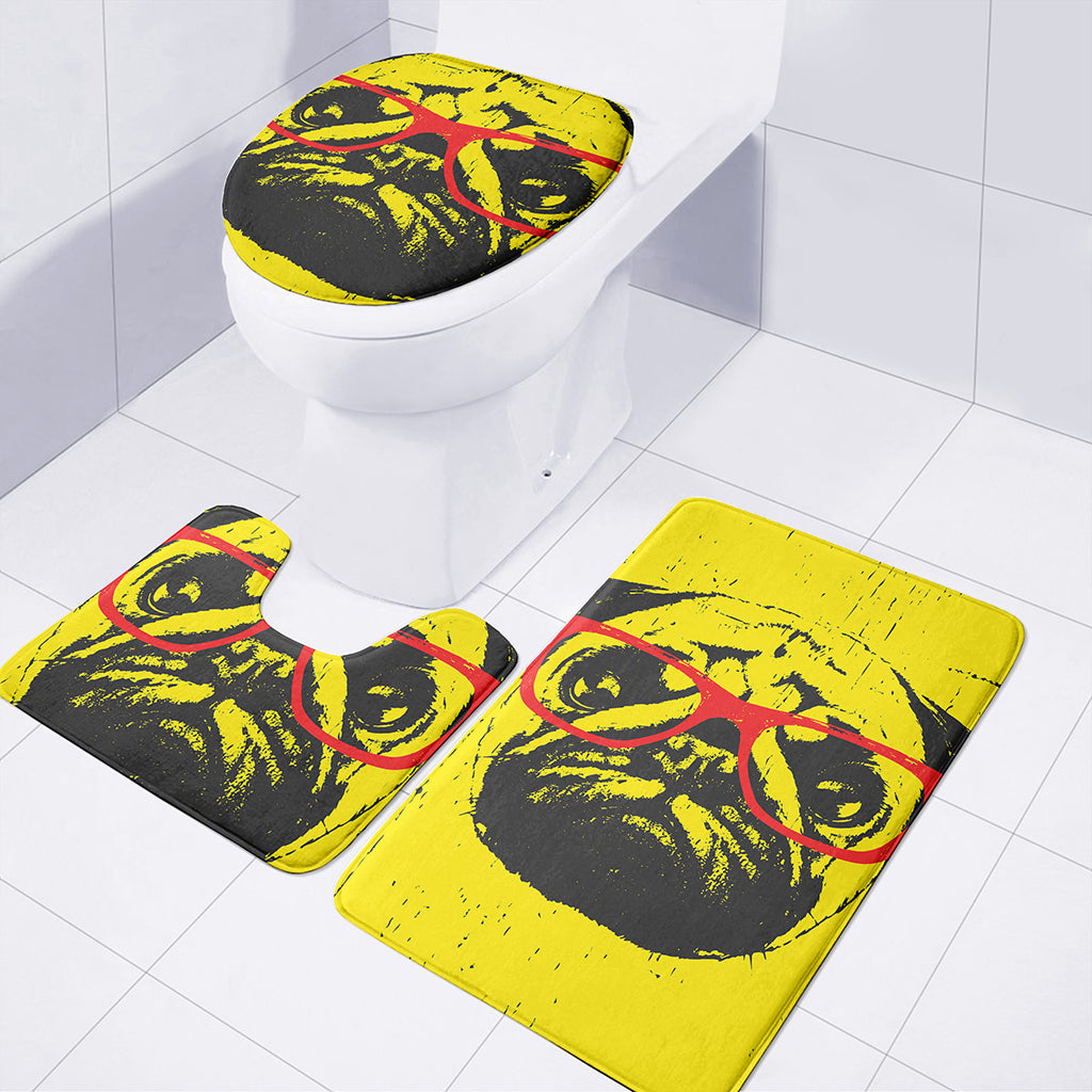 Pug With Glasses Portrait Print 3 Piece Bath Mat Set