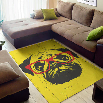 Pug With Glasses Portrait Print Area Rug