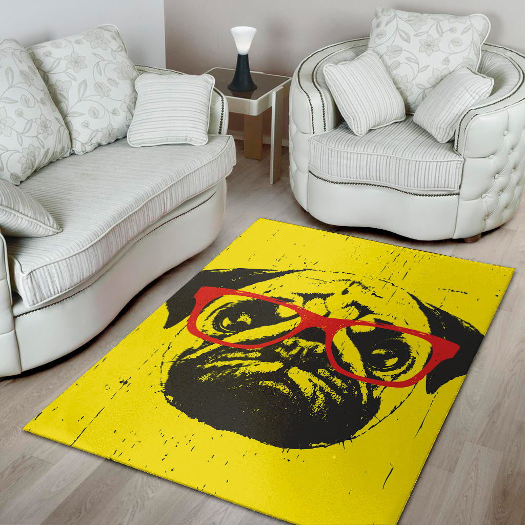 Pug With Glasses Portrait Print Area Rug
