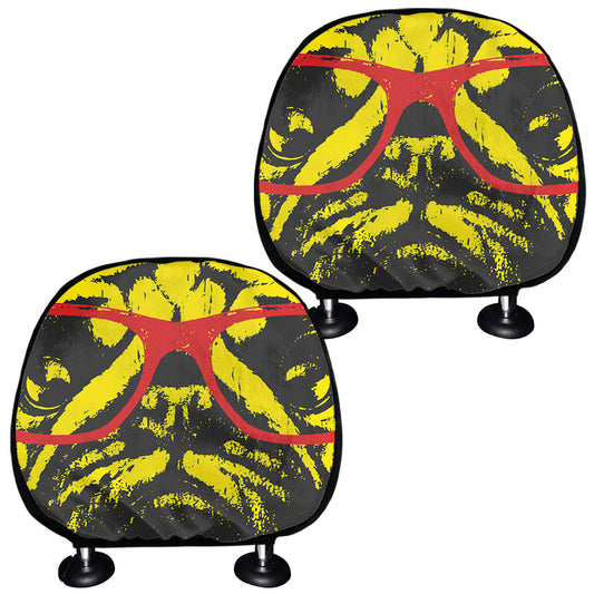 Pug With Glasses Portrait Print Car Headrest Covers