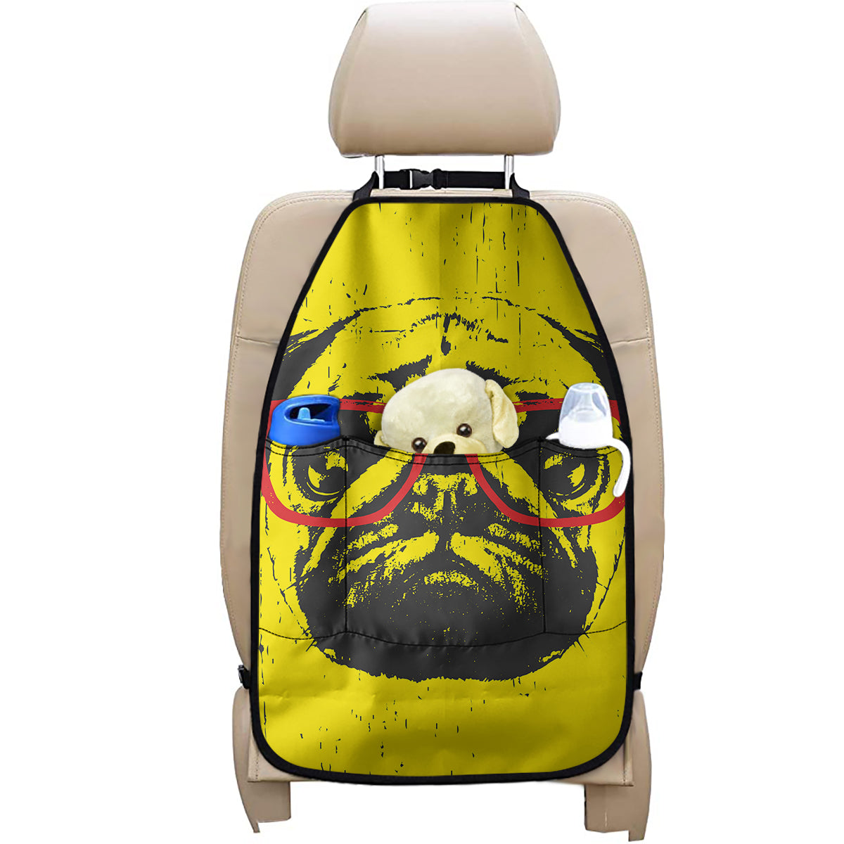 Pug With Glasses Portrait Print Car Seat Organizers