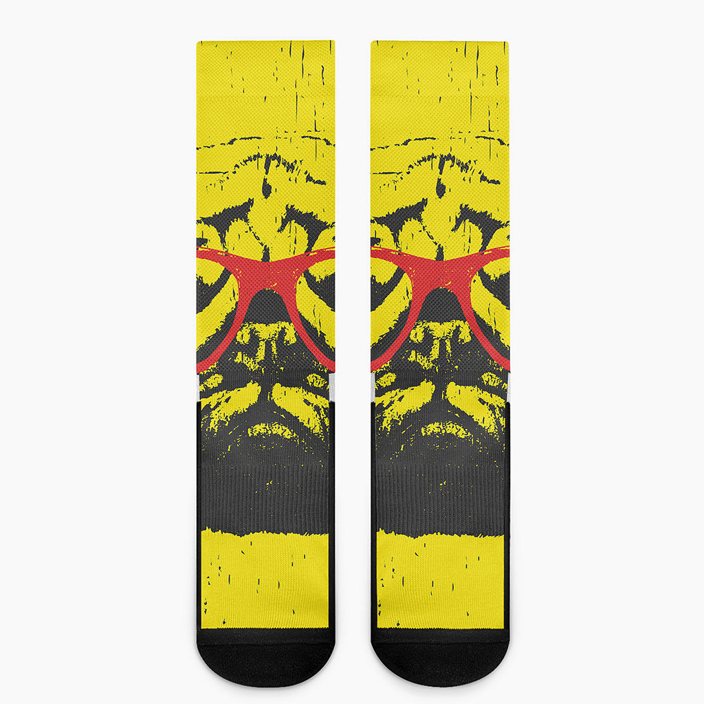 Pug With Glasses Portrait Print Crew Socks