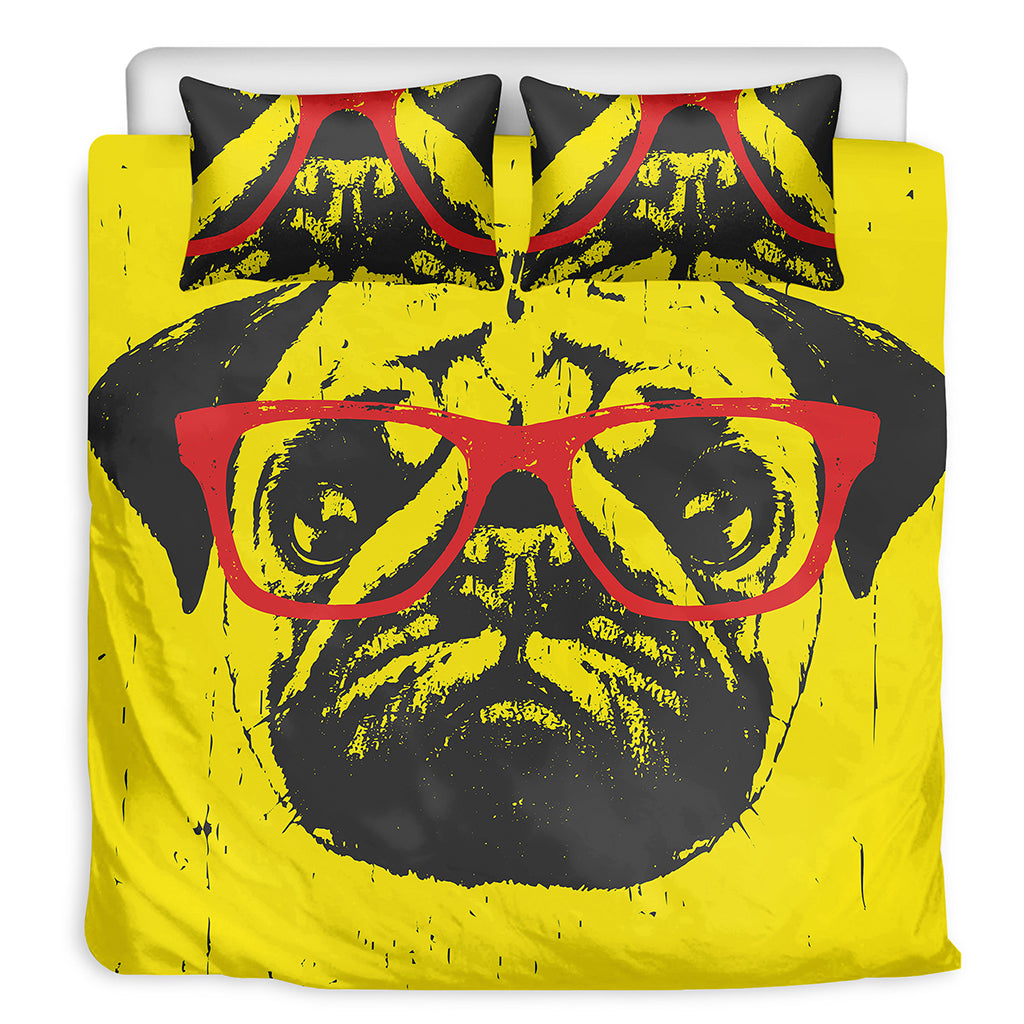 Pug With Glasses Portrait Print Duvet Cover Bedding Set