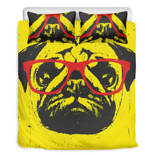 Pug With Glasses Portrait Print Duvet Cover Bedding Set