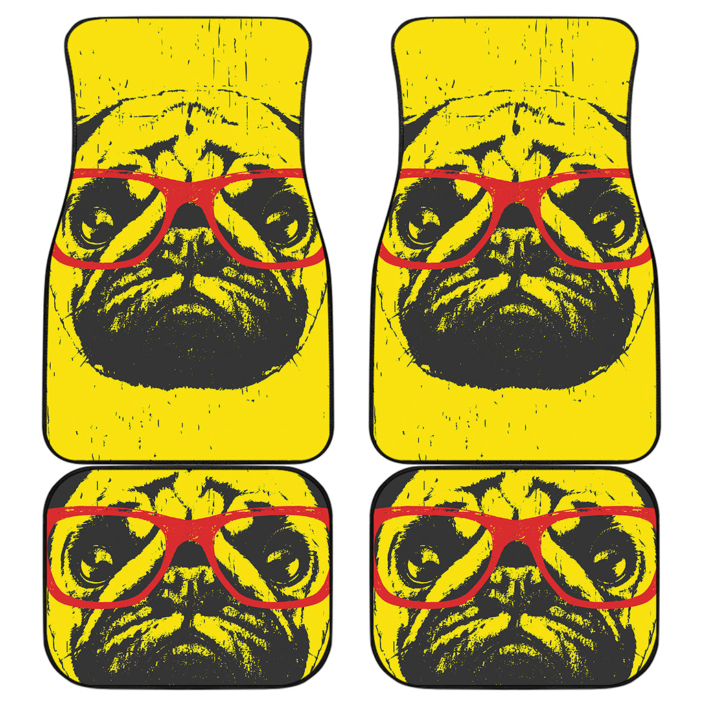 Pug With Glasses Portrait Print Front and Back Car Floor Mats