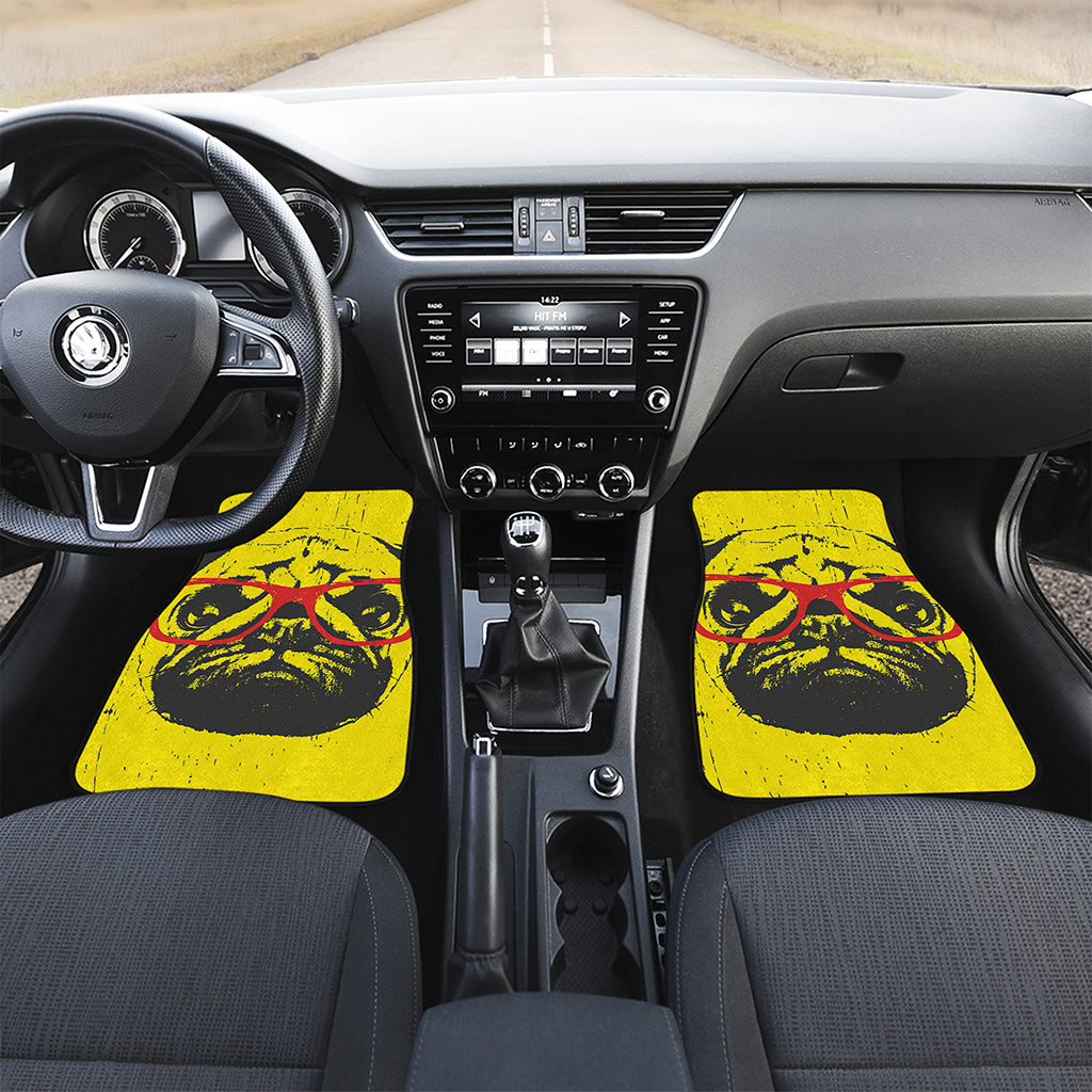 Pug With Glasses Portrait Print Front and Back Car Floor Mats