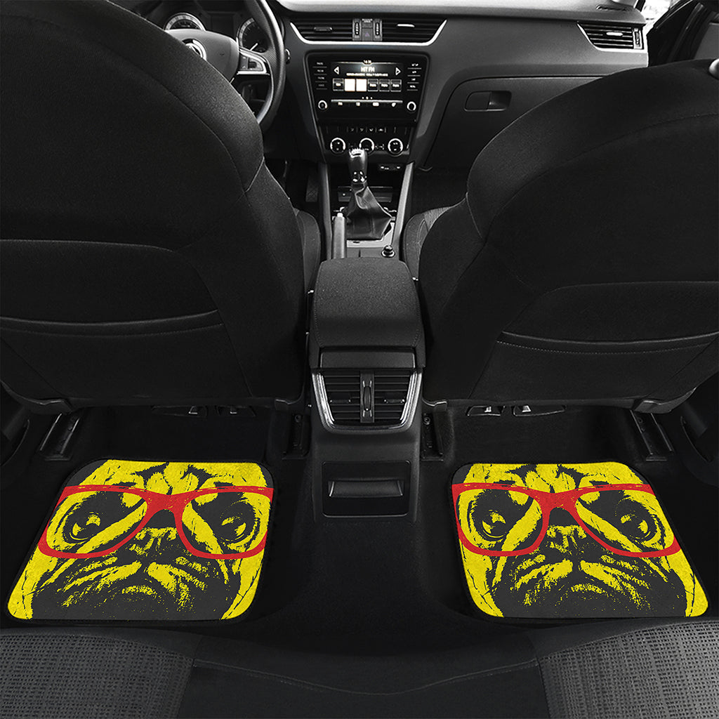Pug With Glasses Portrait Print Front and Back Car Floor Mats