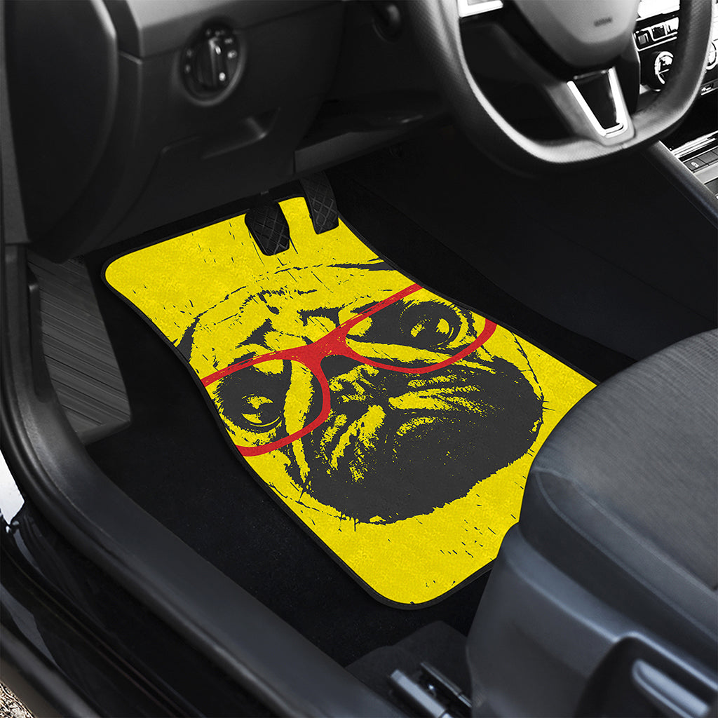 Pug With Glasses Portrait Print Front and Back Car Floor Mats