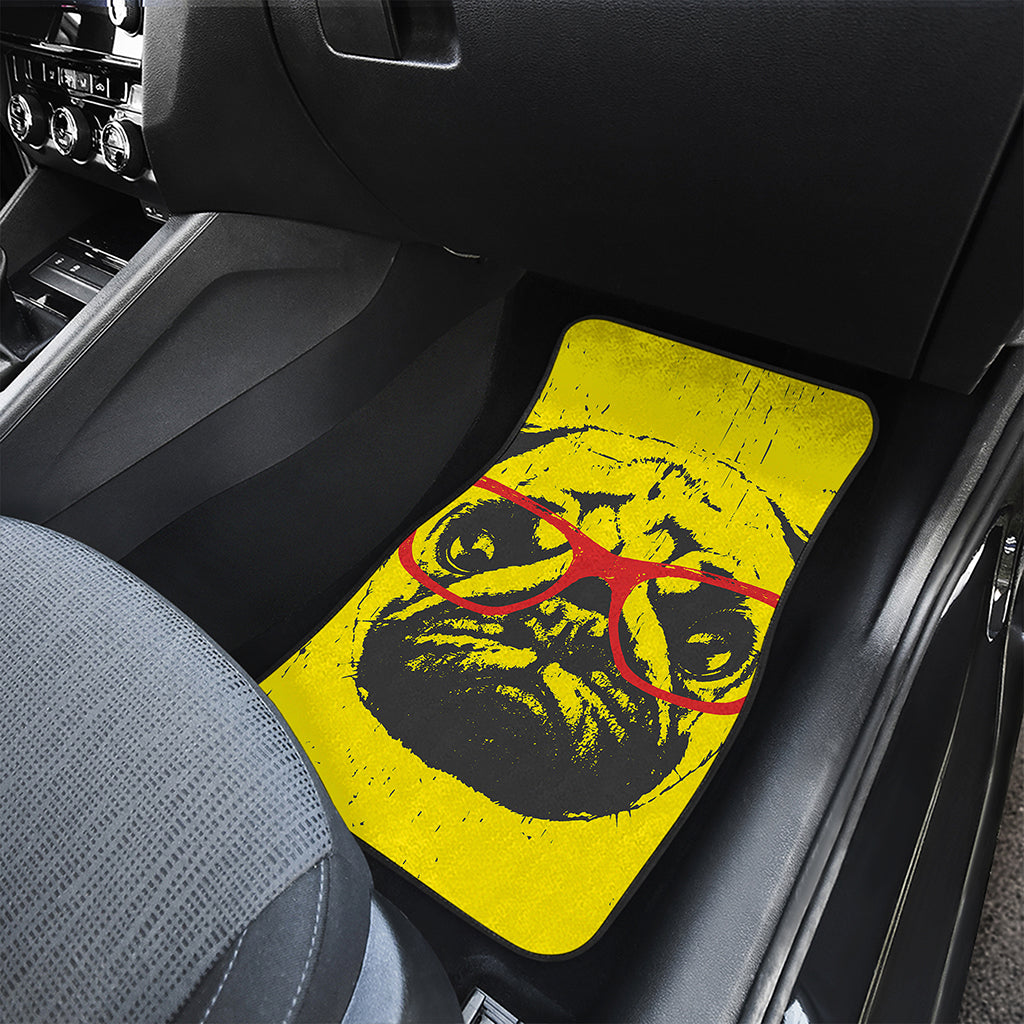 Pug With Glasses Portrait Print Front and Back Car Floor Mats