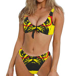 Pug With Glasses Portrait Print Front Bow Tie Bikini