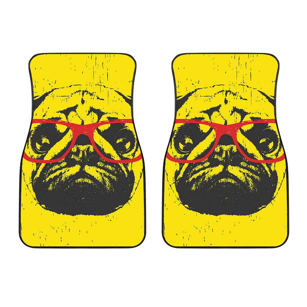 Pug With Glasses Portrait Print Front Car Floor Mats