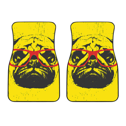 Pug With Glasses Portrait Print Front Car Floor Mats