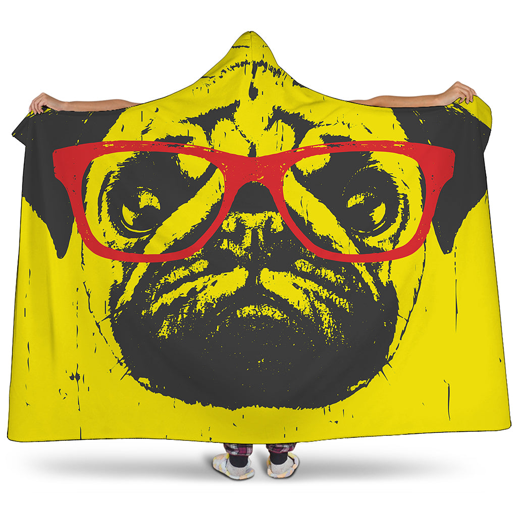 Pug With Glasses Portrait Print Hooded Blanket
