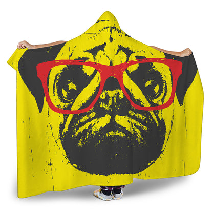 Pug With Glasses Portrait Print Hooded Blanket