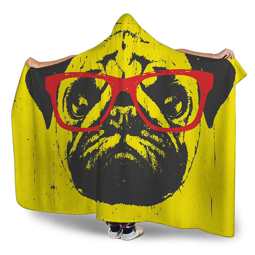 Pug With Glasses Portrait Print Hooded Blanket