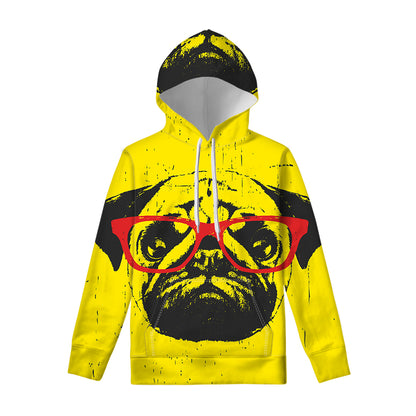 Pug With Glasses Portrait Print Pullover Hoodie