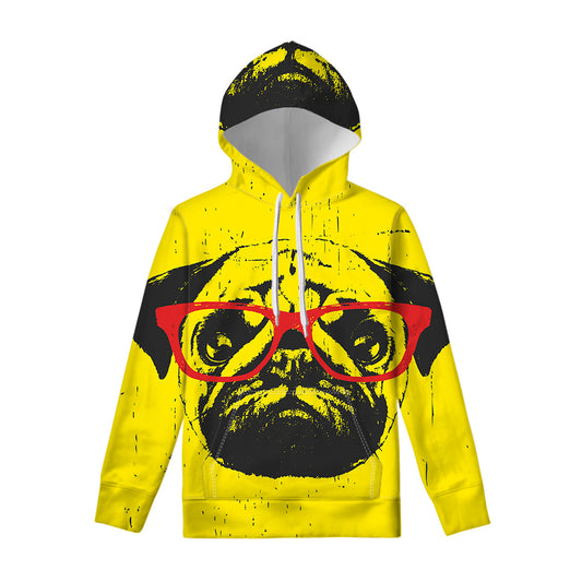 Pug With Glasses Portrait Print Pullover Hoodie