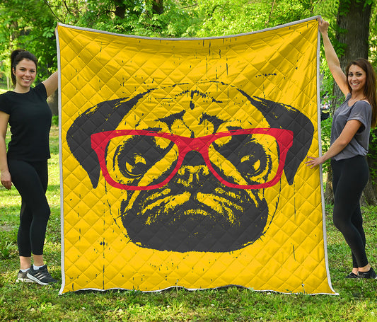 Pug With Glasses Portrait Print Quilt