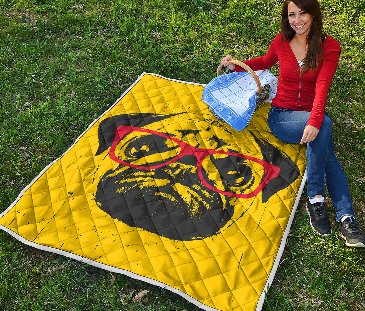 Pug With Glasses Portrait Print Quilt