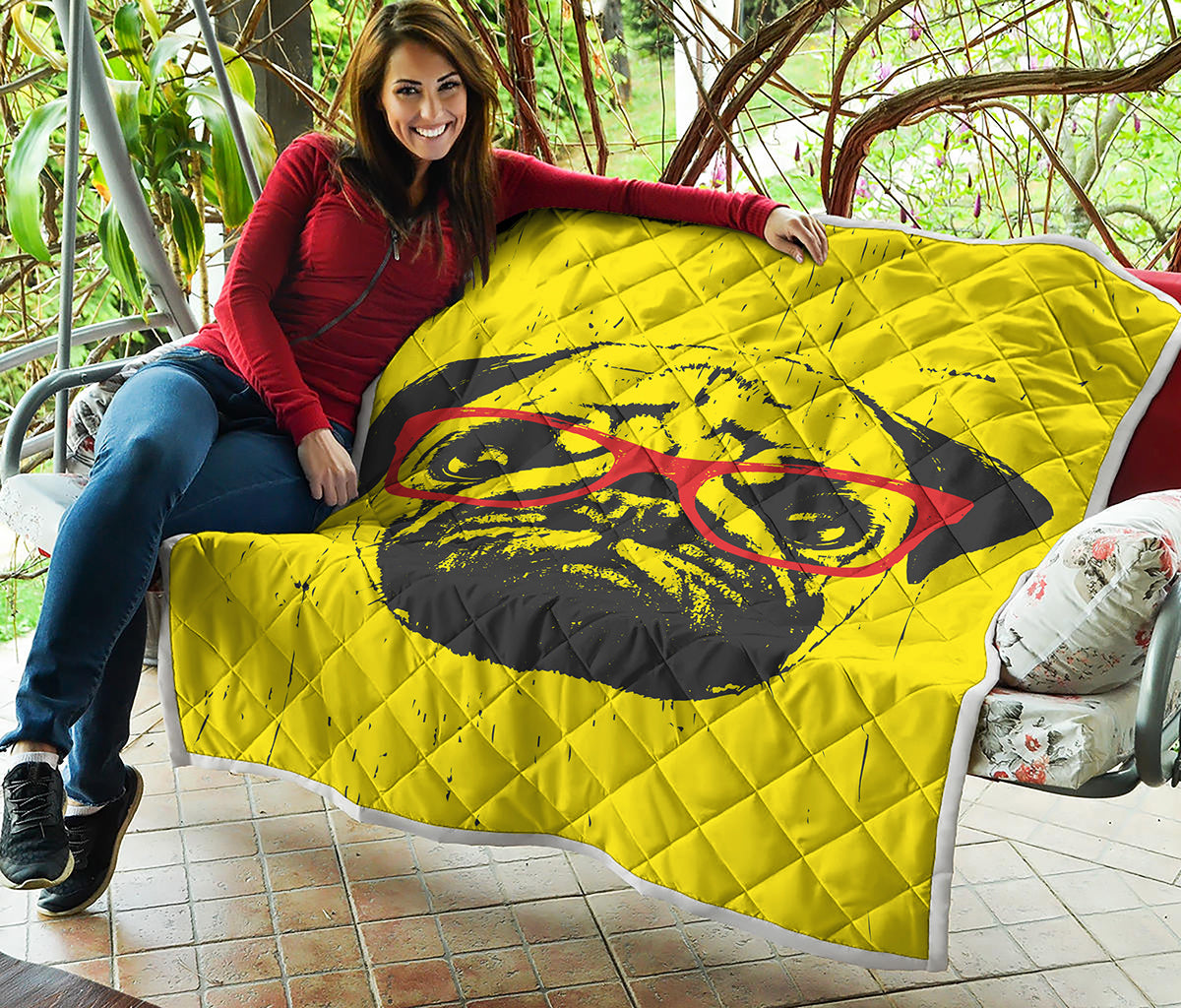 Pug With Glasses Portrait Print Quilt