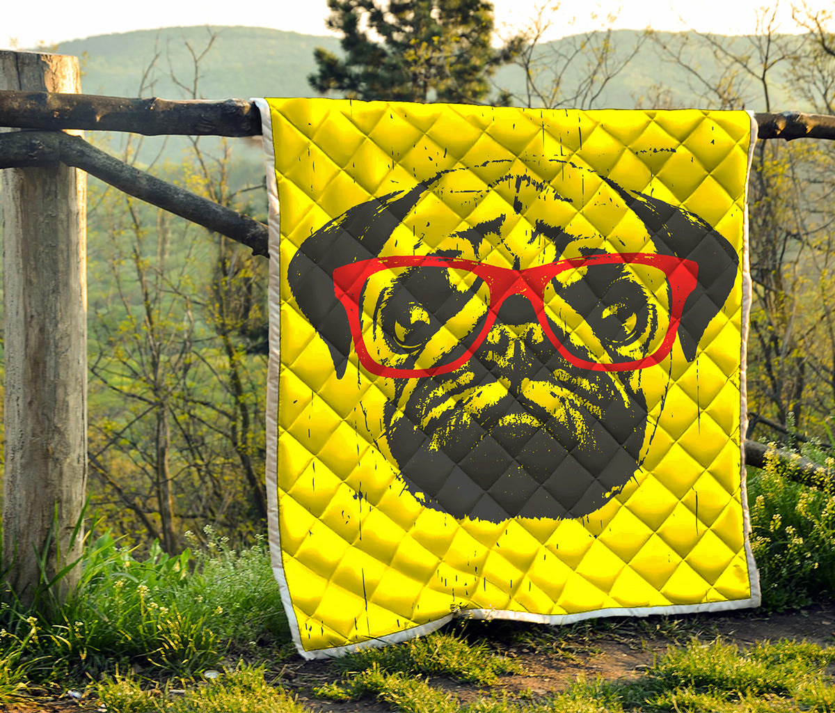 Pug With Glasses Portrait Print Quilt