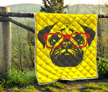Pug With Glasses Portrait Print Quilt