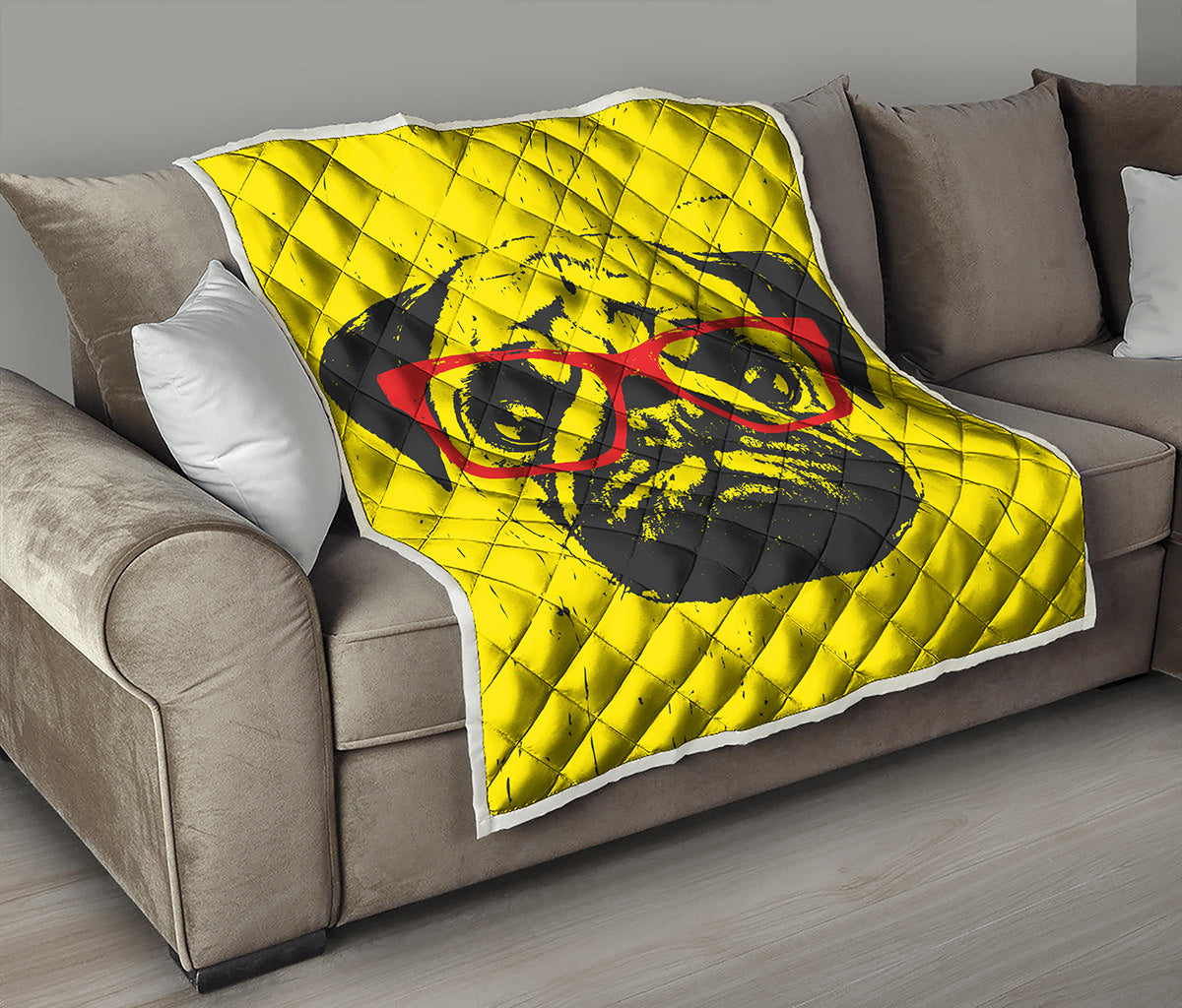 Pug With Glasses Portrait Print Quilt