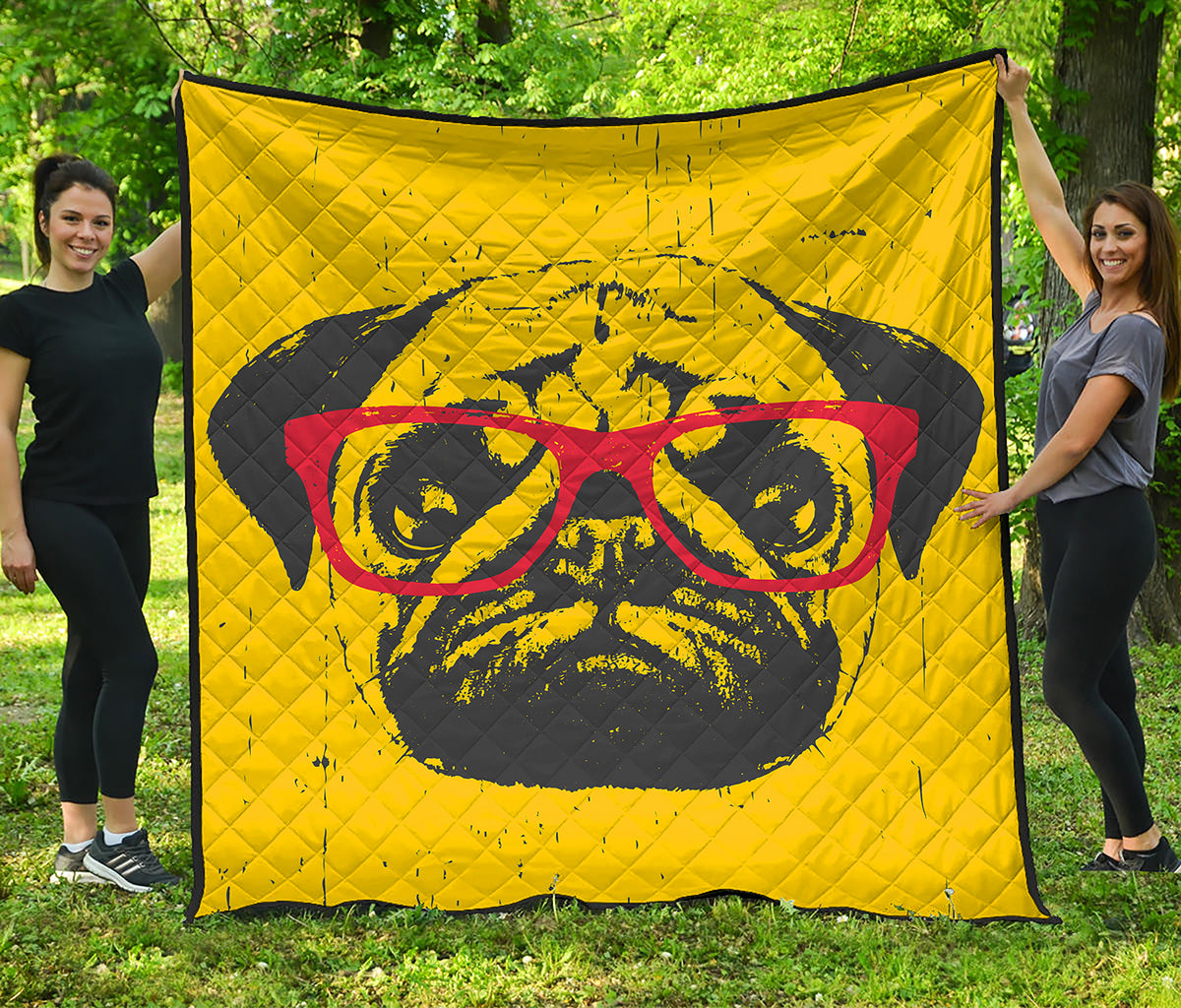 Pug With Glasses Portrait Print Quilt