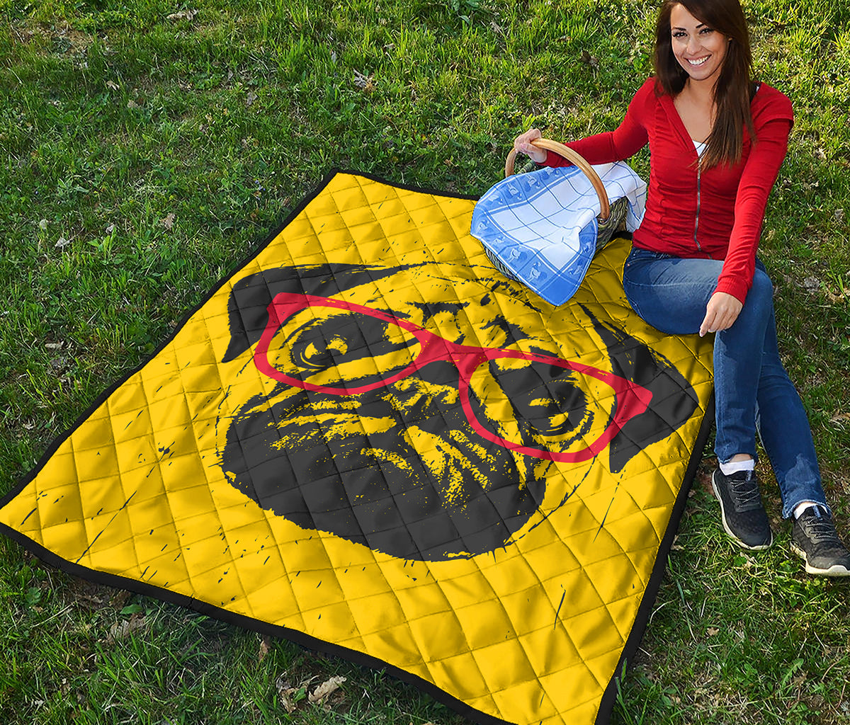 Pug With Glasses Portrait Print Quilt