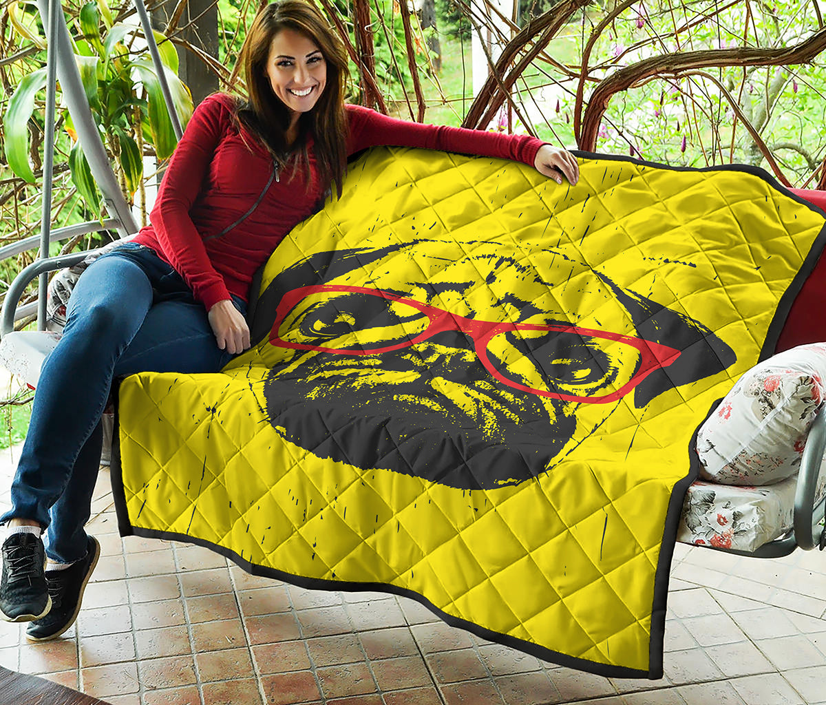 Pug With Glasses Portrait Print Quilt