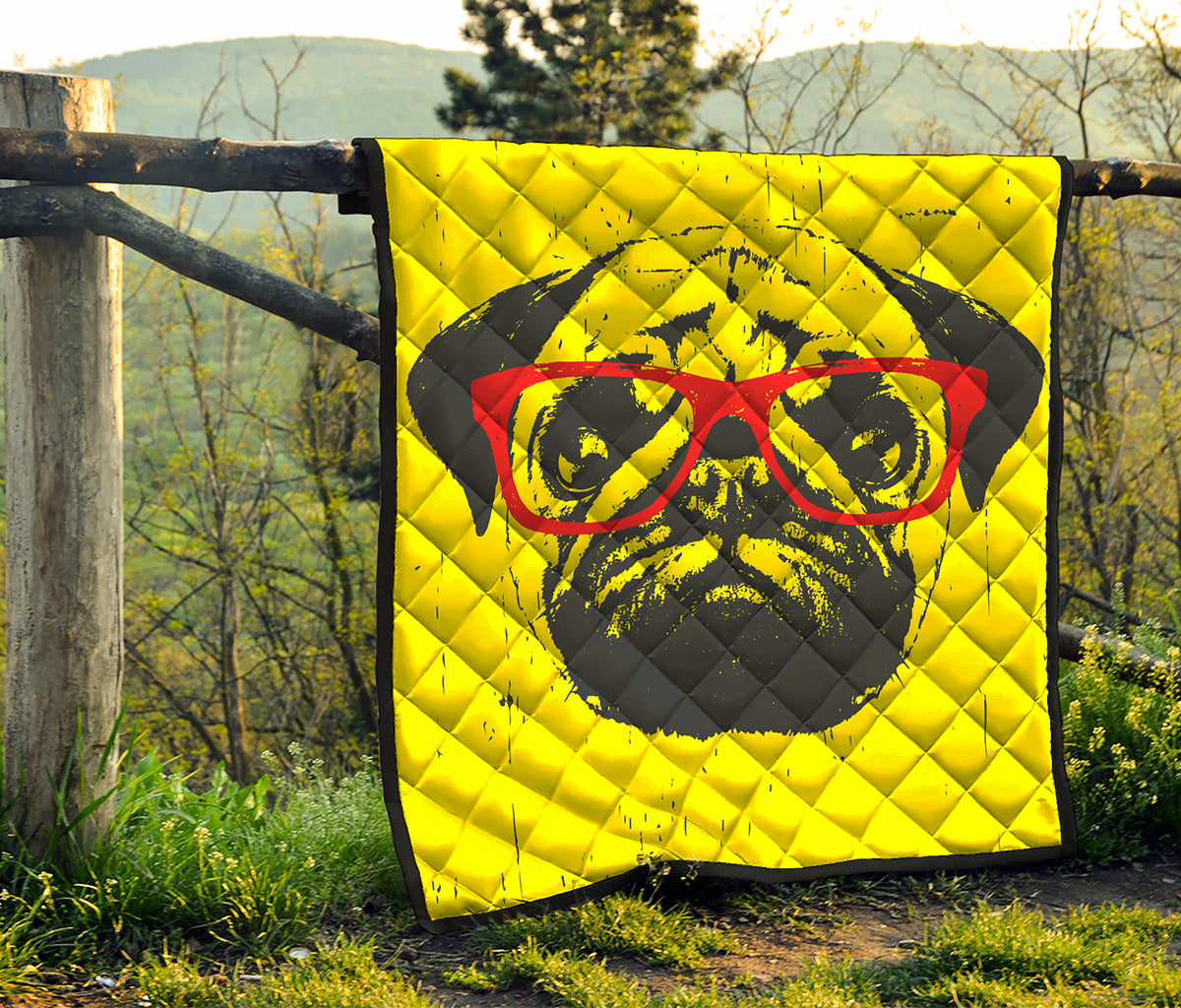Pug With Glasses Portrait Print Quilt