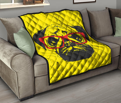 Pug With Glasses Portrait Print Quilt