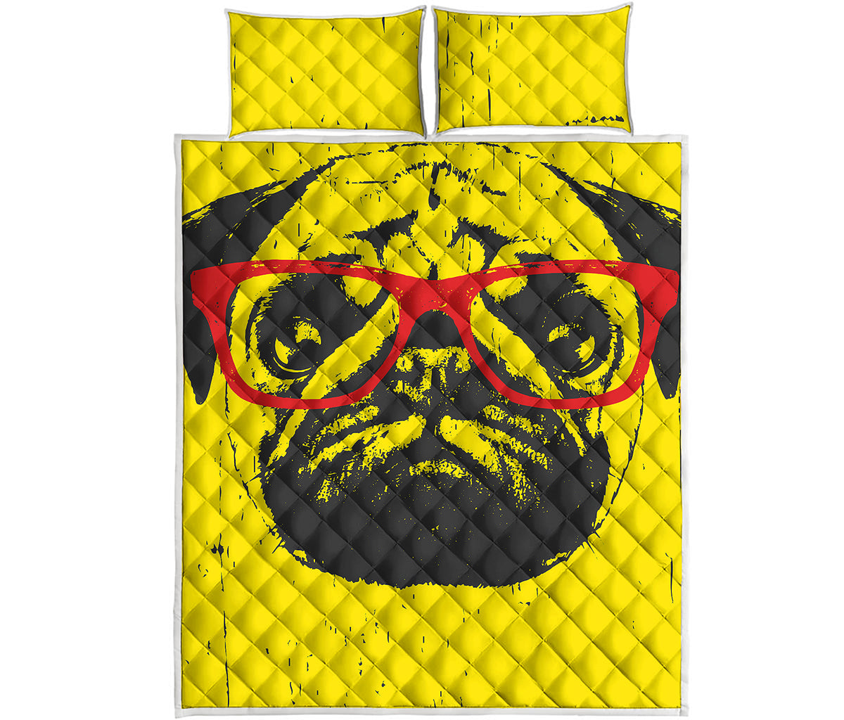 Pug With Glasses Portrait Print Quilt Bed Set