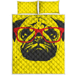 Pug With Glasses Portrait Print Quilt Bed Set