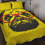 Pug With Glasses Portrait Print Quilt Bed Set