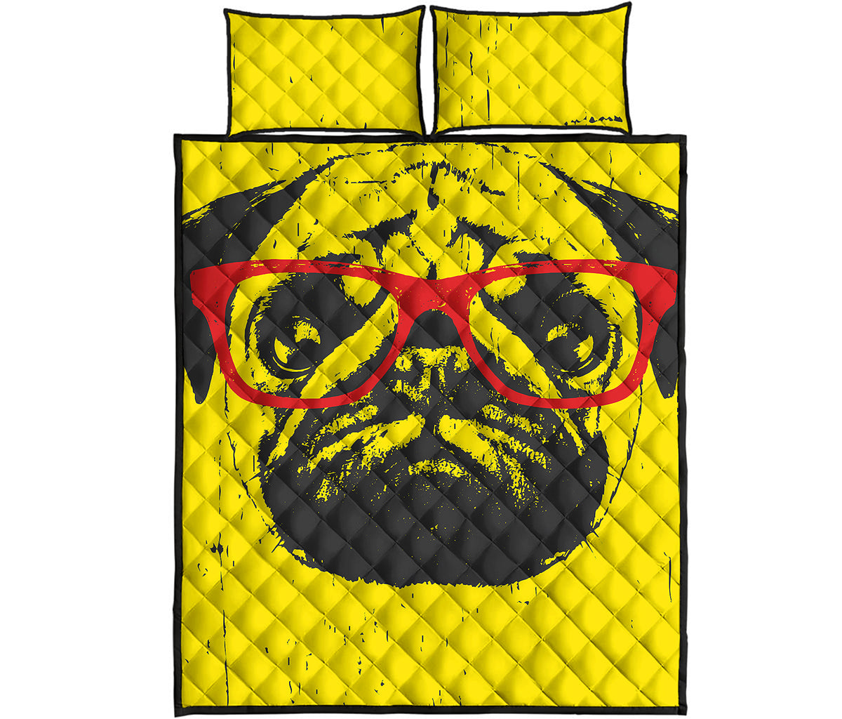 Pug With Glasses Portrait Print Quilt Bed Set