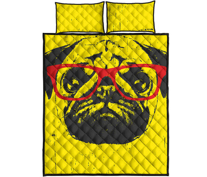 Pug With Glasses Portrait Print Quilt Bed Set