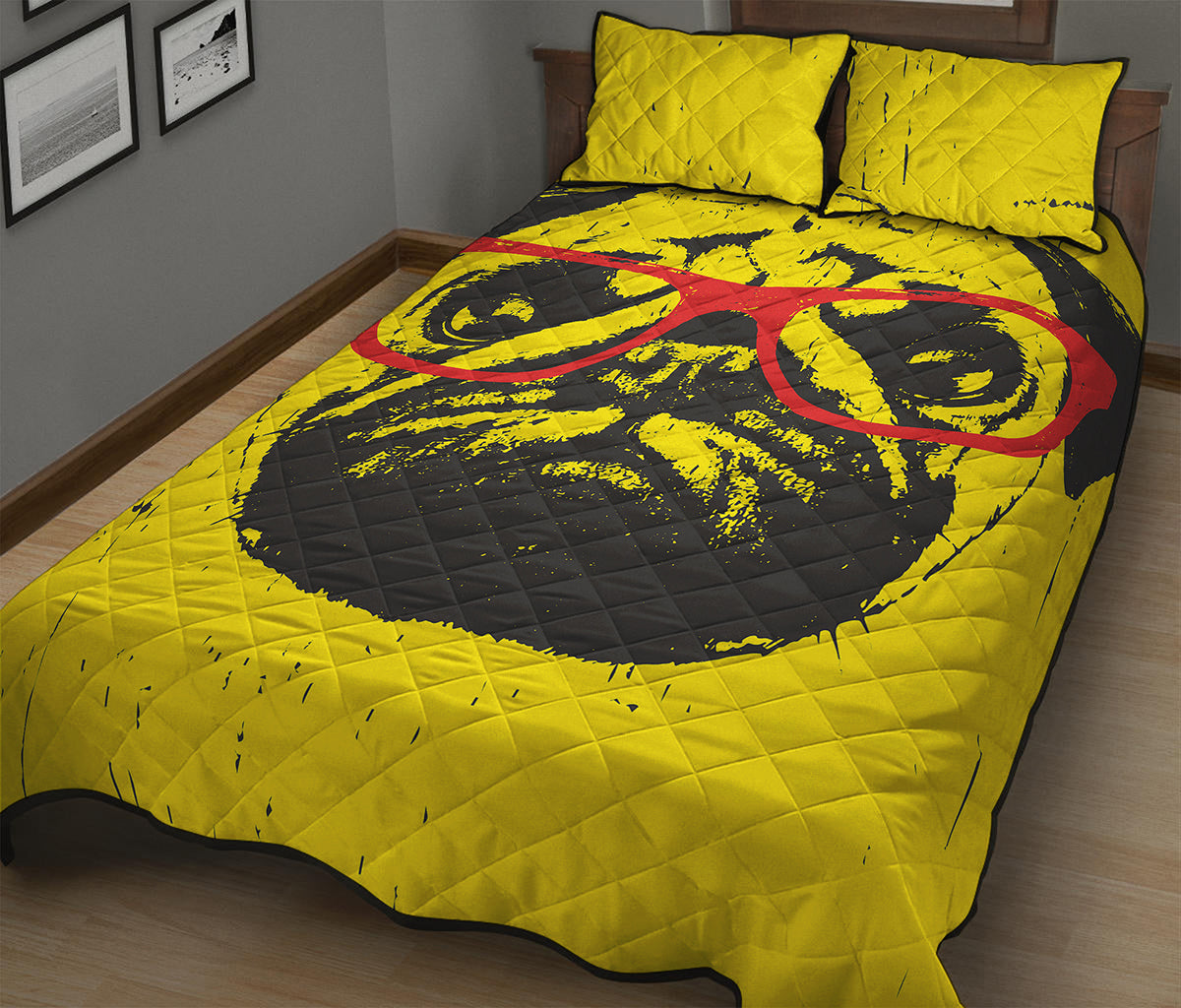 Pug With Glasses Portrait Print Quilt Bed Set