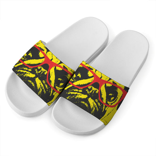 Pug With Glasses Portrait Print White Slide Sandals