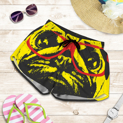 Pug With Glasses Portrait Print Women's Shorts