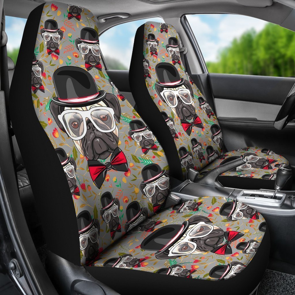 Pug With Glasses Universal Fit Car Seat Covers GearFrost