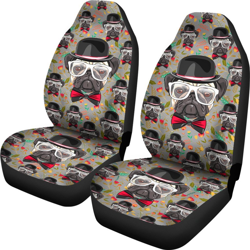 Pug With Glasses Universal Fit Car Seat Covers GearFrost
