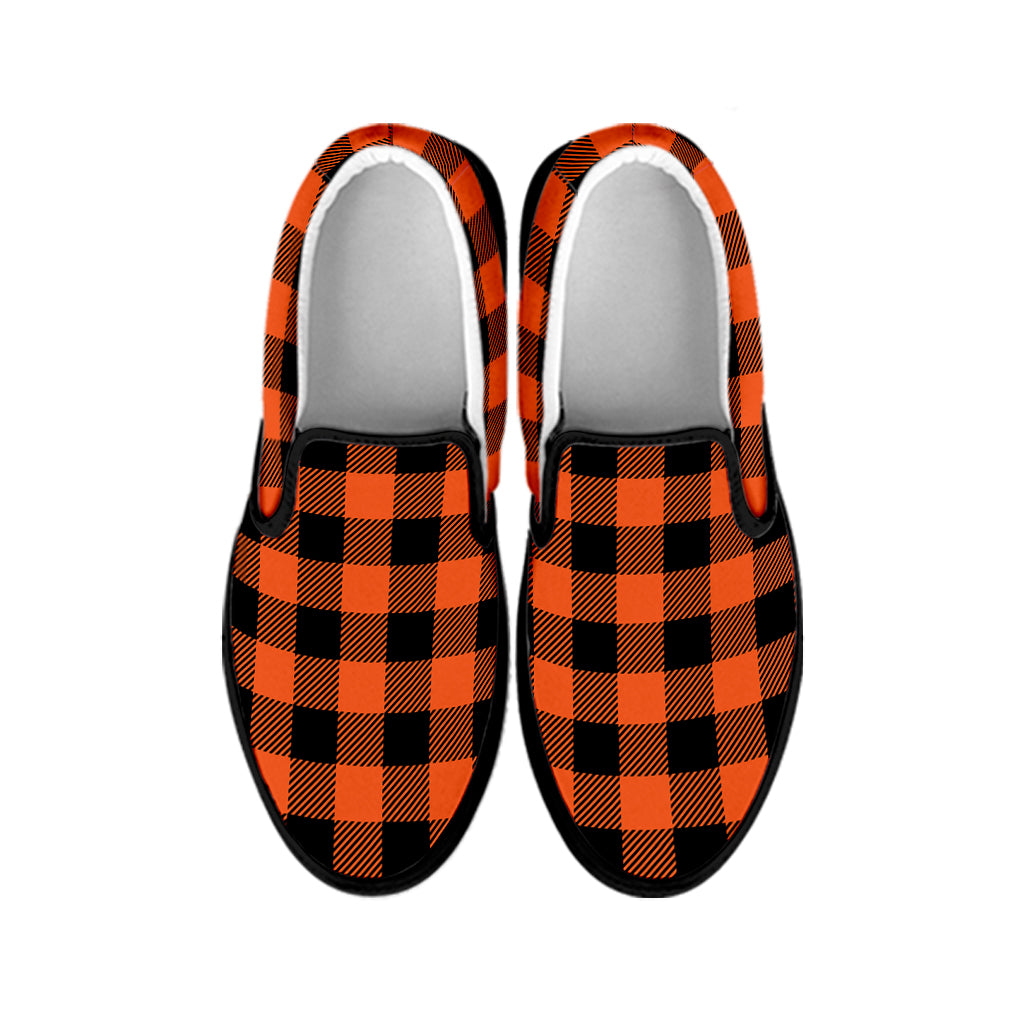 Pumpkin Orange Buffalo Check Print Black Slip On Shoes