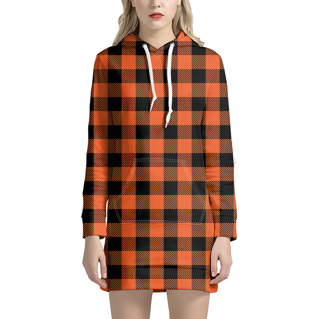 Pumpkin Orange Buffalo Check Print Hoodie Dress