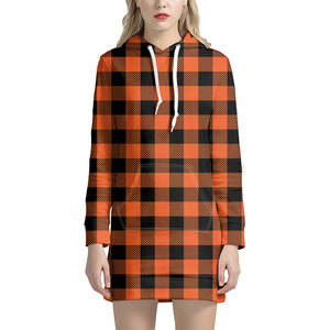 Pumpkin Orange Buffalo Check Print Hoodie Dress